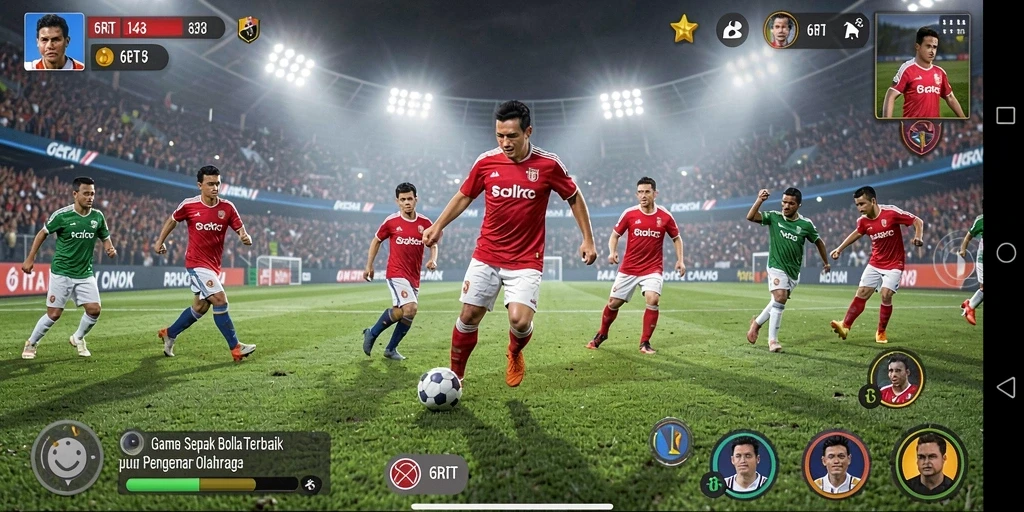 Screenshot gameplay 6RT yang menampilkan aksi sepak bola mendebarkan.