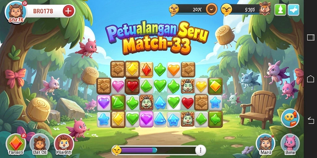 Tampilan gameplay Match-3 yang menarik dan penuh warna.