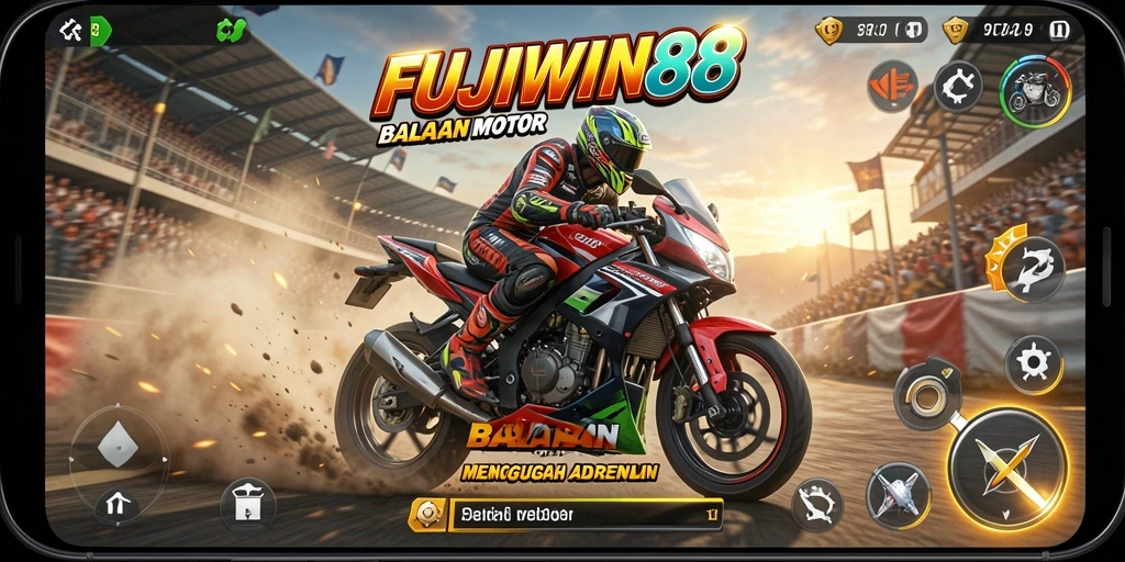 Tampilan menarik dari gameplay balap motor FUJIWIN88 yang menyuguhkan aksi balapan seru.