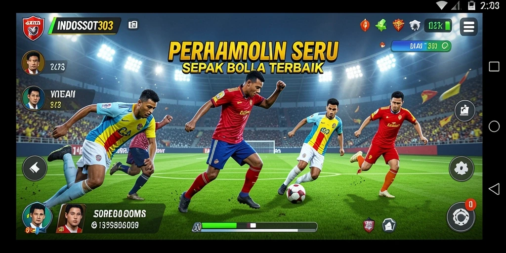 Screenshot gameplay INDOSLOT303 menunjukkan aksi pertandingan sepak bola yang mendebarkan.