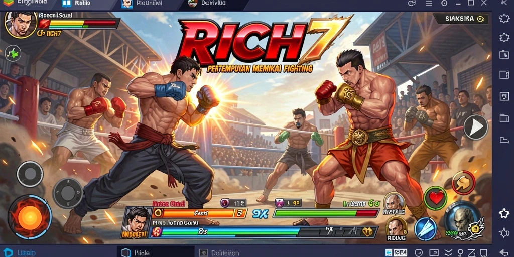 Screenshot RICH7 menampilkan aksi pertempuran intens di arena Fighting.